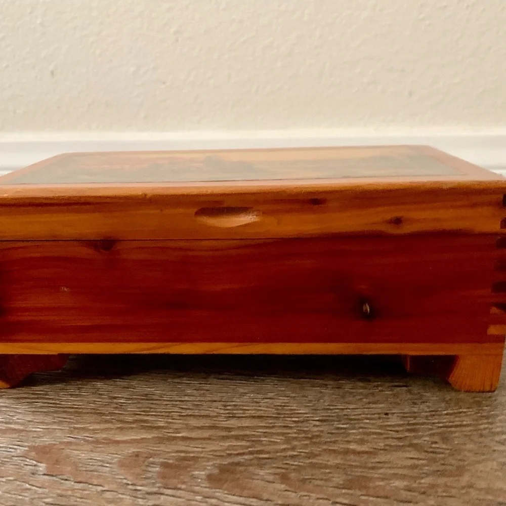 Vintage cedar wood box with picture of English cottage